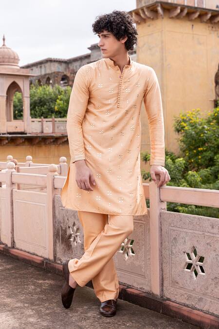 Shop Amit Arora Peach Mohair, Silk Metallic Thread Geometric Work Kurta With Aligadi Pant Online at Aza Fashions Shop_Amit Arora_Peach Mohair, Silk Metallic Thread Geometric Work Kurta With Aligadi Pant _Online_at_Aza_Fashions
