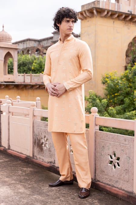 Amit Arora Peach Mohair, Silk Metallic Thread Geometric Work Kurta With Aligadi Pant at Aza Fashions Amit Arora_Peach Mohair, Silk Metallic Thread Geometric Work Kurta With Aligadi Pant _at_Aza_Fashions