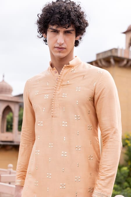 Buy Amit Arora Peach Mohair, Silk Metallic Thread Geometric Work Kurta With Aligadi Pant Buy_Amit Arora_Peach Mohair, Silk Metallic Thread Geometric Work Kurta With Aligadi Pant