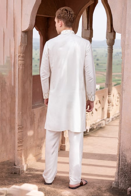 Shop Amit Arora Ivory Mohair, Silk Embroidery Geometric Pattern Kurta With Aligadi Pant at Aza Fashions Shop_Amit Arora_Ivory Mohair, Silk Embroidery Geometric Pattern Kurta With Aligadi Pant _at_Aza_Fashions