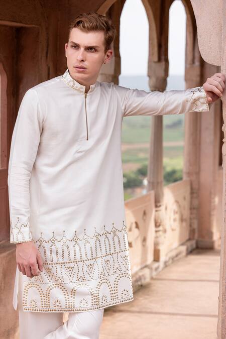 Amit Arora Ivory Mohair, Silk Embroidery Geometric Pattern Kurta With Aligadi Pant Online at Aza Fashions Amit Arora_Ivory Mohair, Silk Embroidery Geometric Pattern Kurta With Aligadi Pant _Online_at_Aza_Fashions