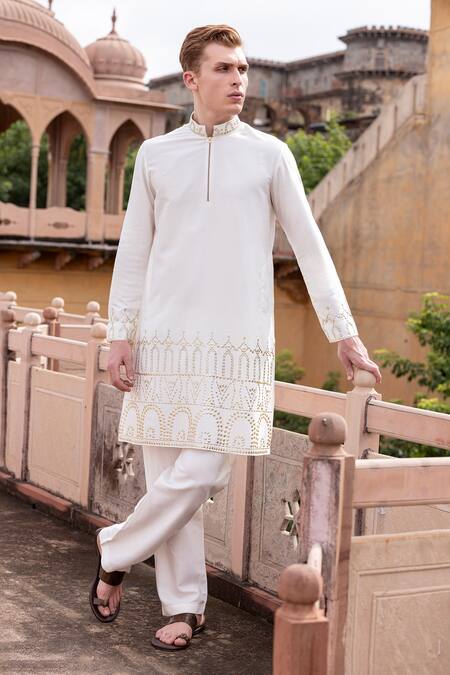 Buy Amit Arora Ivory Mohair, Silk Embroidery Geometric Pattern Kurta With Aligadi Pant Online at Aza Fashions Buy_Amit Arora_Ivory Mohair, Silk Embroidery Geometric Pattern Kurta With Aligadi Pant _Online_at_Aza_Fashions