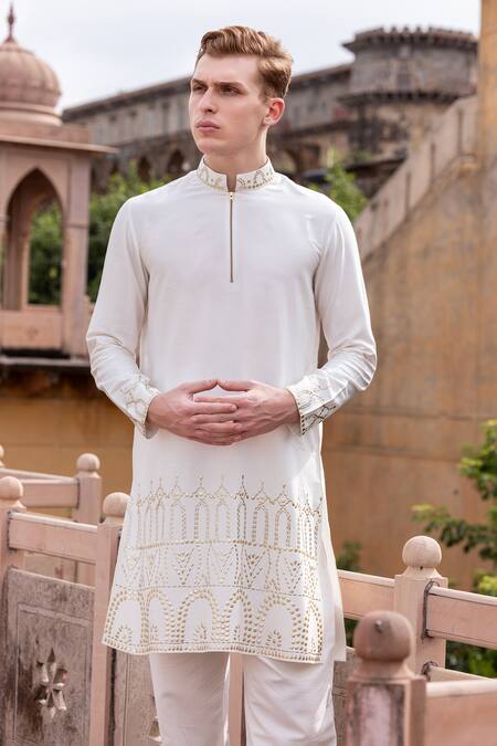 Shop Amit Arora Ivory Mohair, Silk Embroidery Geometric Pattern Kurta With Aligadi Pant Online at Aza Fashions Shop_Amit Arora_Ivory Mohair, Silk Embroidery Geometric Pattern Kurta With Aligadi Pant _Online_at_Aza_Fashions