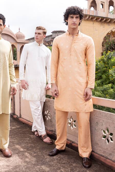 Amit Arora Ivory Mohair, Silk Embroidery Geometric Pattern Kurta With Aligadi Pant at Aza Fashions Amit Arora_Ivory Mohair, Silk Embroidery Geometric Pattern Kurta With Aligadi Pant _at_Aza_Fashions