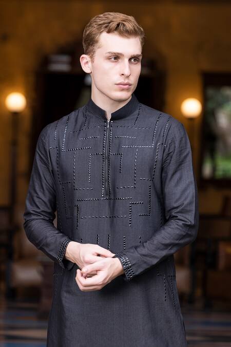 Buy Amit Arora Black Mohair, Silk Metallic Thread Work Kurta With Aligadi Pant Online at Aza Fashions Buy_Amit Arora_Black Mohair, Silk Metallic Thread Work Kurta With Aligadi Pant _Online_at_Aza_Fashions