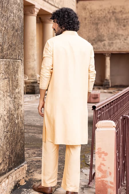 Shop Amit Arora Peach Mohair, Silk Metallic Thread Circular Work Kurta With Aligadi Pant at Aza Fashions Shop_Amit Arora_Peach Mohair, Silk Metallic Thread Circular Work Kurta With Aligadi Pant _at_Aza_Fashions