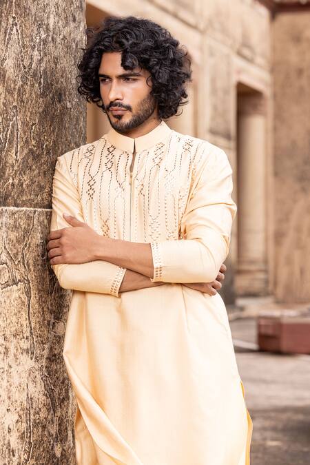 Amit Arora Peach Mohair, Silk Metallic Thread Circular Work Kurta With Aligadi Pant Online at Aza Fashions Amit Arora_Peach Mohair, Silk Metallic Thread Circular Work Kurta With Aligadi Pant _Online_at_Aza_Fashions