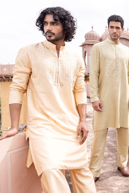 Buy Amit Arora Peach Mohair, Silk Metallic Thread Circular Work Kurta With Aligadi Pant Online at Aza Fashions Buy_Amit Arora_Peach Mohair, Silk Metallic Thread Circular Work Kurta With Aligadi Pant _Online_at_Aza_Fashions