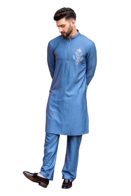 Amit Arora Blue Mohair, Silk Metallic Thread Floral Work Kurta With Aligadi Pant Online at Aza Fashions Amit Arora_Blue Mohair, Silk Metallic Thread Floral Work Kurta With Aligadi Pant _Online_at_Aza_Fashions