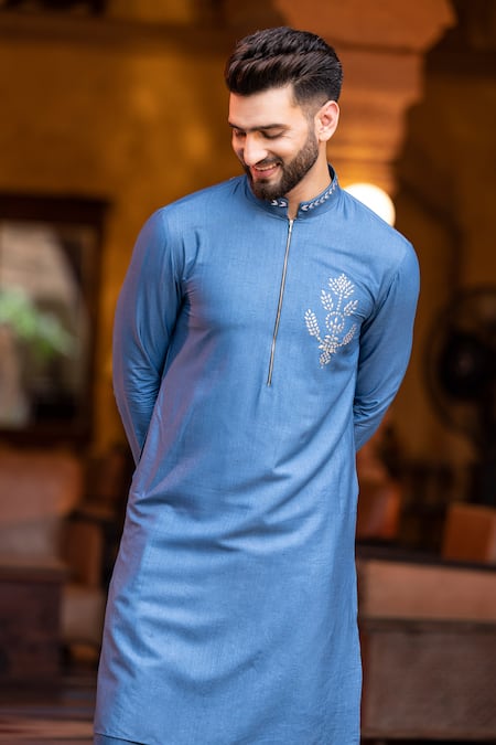 Buy Amit Arora Blue Mohair, Silk Metallic Thread Floral Work Kurta With Aligadi Pant Online at Aza Fashions Buy_Amit Arora_Blue Mohair, Silk Metallic Thread Floral Work Kurta With Aligadi Pant _Online_at_Aza_Fashions