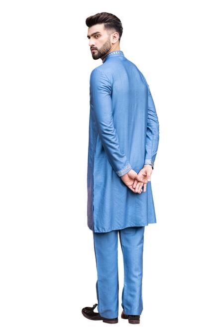 Shop Amit Arora Blue Mohair, Silk Metallic Thread Floral Work Kurta With Aligadi Pant Online at Aza Fashions Shop_Amit Arora_Blue Mohair, Silk Metallic Thread Floral Work Kurta With Aligadi Pant _Online_at_Aza_Fashions