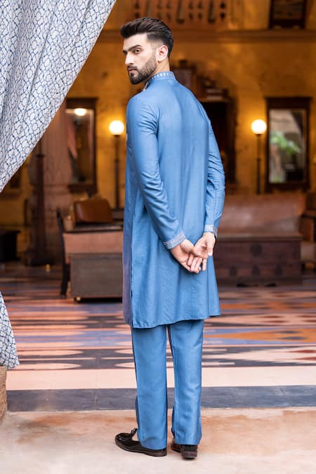 Shop Amit Arora Blue Mohair, Silk Metallic Thread Floral Work Kurta With Aligadi Pant at Aza Fashions Shop_Amit Arora_Blue Mohair, Silk Metallic Thread Floral Work Kurta With Aligadi Pant _at_Aza_Fashions