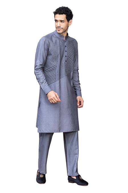 Amit Arora Grey Mohair, Silk Metallic Thread Linear Work Kurta With Aligadi Pant Online at Aza Fashions Amit Arora_Grey Mohair, Silk Metallic Thread Linear Work Kurta With Aligadi Pant _Online_at_Aza_Fashions