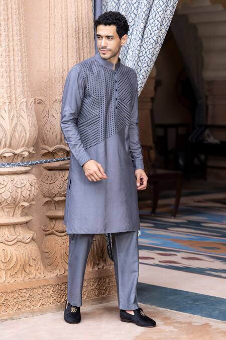 Buy Amit Arora Grey Mohair, Silk Metallic Thread Linear Work Kurta With Aligadi Pant Online at Aza Fashions Buy_Amit Arora_Grey Mohair, Silk Metallic Thread Linear Work Kurta With Aligadi Pant _Online_at_Aza_Fashions