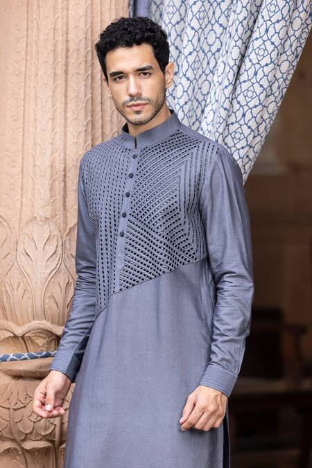 Shop Amit Arora Grey Mohair, Silk Metallic Thread Linear Work Kurta With Aligadi Pant Online at Aza Fashions Shop_Amit Arora_Grey Mohair, Silk Metallic Thread Linear Work Kurta With Aligadi Pant _Online_at_Aza_Fashions