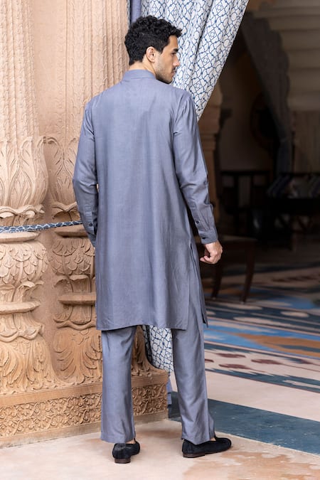 Shop Amit Arora Grey Mohair, Silk Metallic Thread Linear Work Kurta With Aligadi Pant at Aza Fashions Shop_Amit Arora_Grey Mohair, Silk Metallic Thread Linear Work Kurta With Aligadi Pant _at_Aza_Fashions
