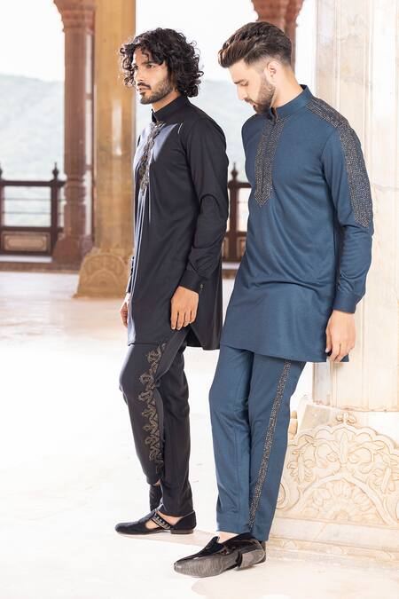 Buy Amit Arora Black Lycra Sequins Hand Embroidered Kurta With Pant Online at Aza Fashions Buy_Amit Arora_Black Lycra Sequins Hand Embroidered Kurta With Pant _Online_at_Aza_Fashions