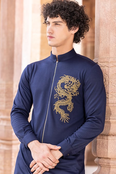 Amit Arora Blue Lycra Beads Dragon Embroidered Kurta Online at Aza Fashions Amit Arora_Blue Lycra Beads Dragon Embroidered Kurta _Online_at_Aza_Fashions