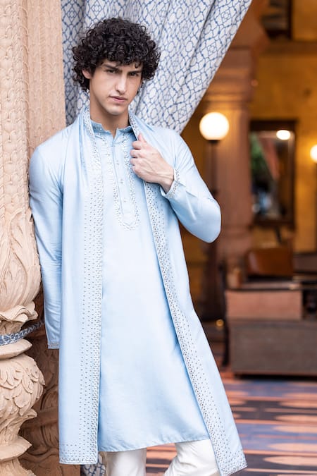 Amit Arora Sky Blue Mohair, Silk Metallic Thread Work Kurta Aligadi Pant Set Online at Aza Fashions Amit Arora_Sky Blue Mohair, Silk Metallic Thread Work Kurta Aligadi Pant Set _Online_at_Aza_Fashions