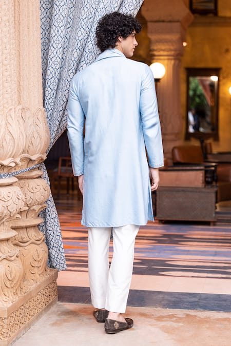 Shop Amit Arora Sky Blue Mohair, Silk Metallic Thread Work Kurta Aligadi Pant Set at Aza Fashions Shop_Amit Arora_Sky Blue Mohair, Silk Metallic Thread Work Kurta Aligadi Pant Set _at_Aza_Fashions