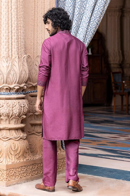 Shop Amit Arora Wine Mohair, Silk Metallic Rectangular Pattern Work Kurta With Aligadi Pant at Aza Fashions Shop_Amit Arora_Wine Mohair, Silk Metallic Rectangular Pattern Work Kurta With Aligadi Pant _at_Aza_Fashions