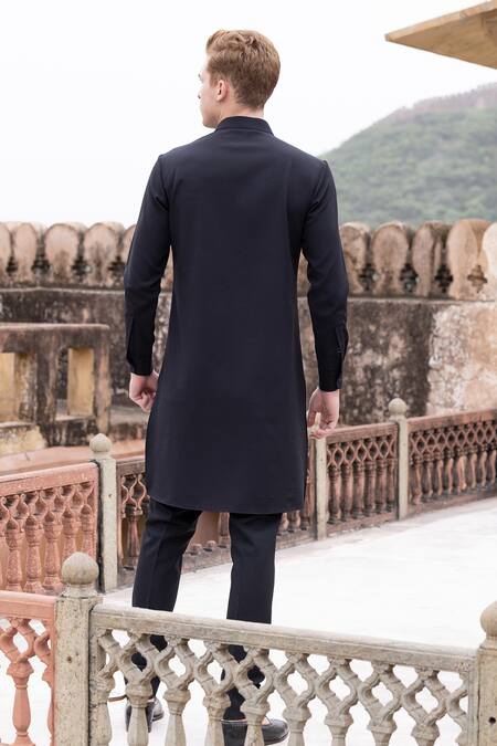 Shop Amit Arora Black Polyester Web Pattern Tape Work Kurta With Aligadi Pant at Aza Fashions Shop_Amit Arora_Black Polyester Web Pattern Tape Work Kurta With Aligadi Pant _at_Aza_Fashions