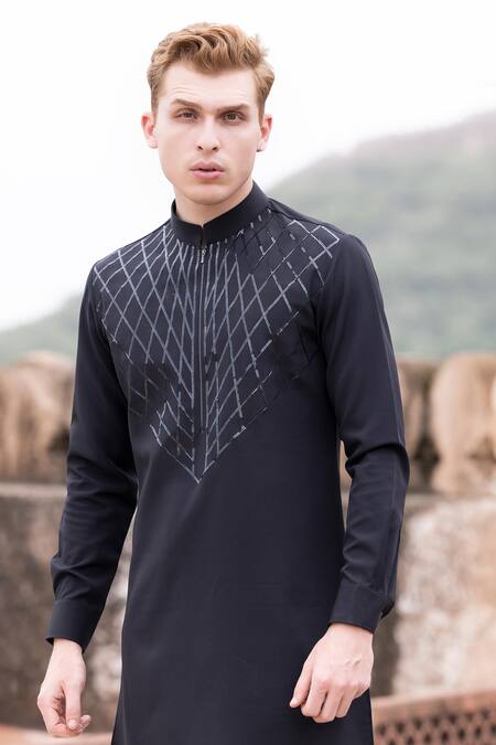 Buy Amit Arora Black Polyester Web Pattern Tape Work Kurta With Aligadi Pant Online at Aza Fashions Buy_Amit Arora_Black Polyester Web Pattern Tape Work Kurta With Aligadi Pant _Online_at_Aza_Fashions