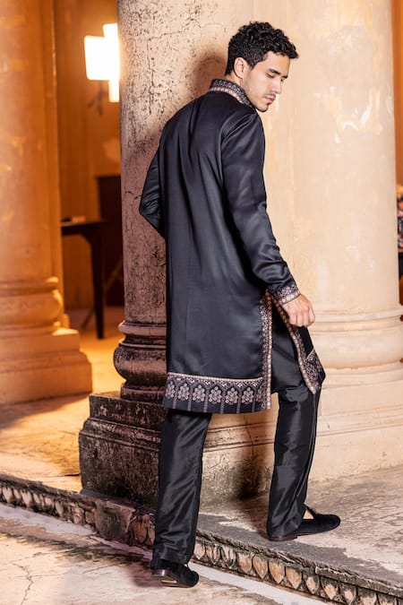 Shop Amit Arora Black Jacquard, Cotton, Silk Embroidery Floral Print Kurta With Aligadi Pant at Aza Fashions Shop_Amit Arora_Black Jacquard, Cotton, Silk Embroidery Floral Print Kurta With Aligadi Pant _at_Aza_Fashions