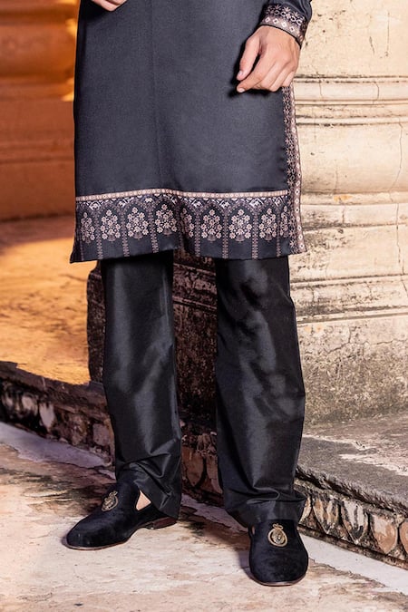 Amit Arora Black Jacquard, Cotton, Silk Embroidery Floral Print Kurta With Aligadi Pant Online at Aza Fashions Amit Arora_Black Jacquard, Cotton, Silk Embroidery Floral Print Kurta With Aligadi Pant _Online_at_Aza_Fashions