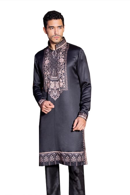 Buy Amit Arora Black Jacquard, Cotton, Silk Embroidery Floral Print Kurta With Aligadi Pant Online at Aza Fashions Buy_Amit Arora_Black Jacquard, Cotton, Silk Embroidery Floral Print Kurta With Aligadi Pant _Online_at_Aza_Fashions