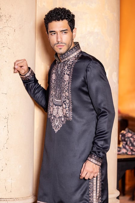 Shop Amit Arora Black Jacquard, Cotton, Silk Embroidery Floral Print Kurta With Aligadi Pant Online at Aza Fashions Shop_Amit Arora_Black Jacquard, Cotton, Silk Embroidery Floral Print Kurta With Aligadi Pant _Online_at_Aza_Fashions