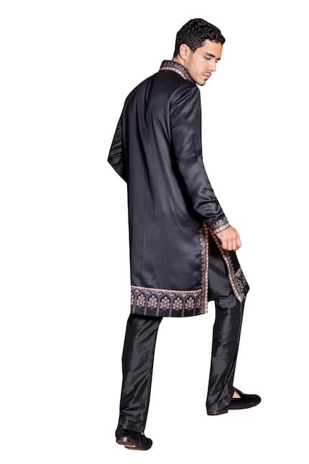 Amit Arora Black Jacquard, Cotton, Silk Embroidery Floral Print Kurta With Aligadi Pant at Aza Fashions Amit Arora_Black Jacquard, Cotton, Silk Embroidery Floral Print Kurta With Aligadi Pant _at_Aza_Fashions
