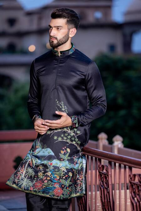 Buy_Amit Arora_Black Jacquard, Cotton Embroidery Nature Print Kurta With Aligadi Pant _Online_at_Aza_Fashions