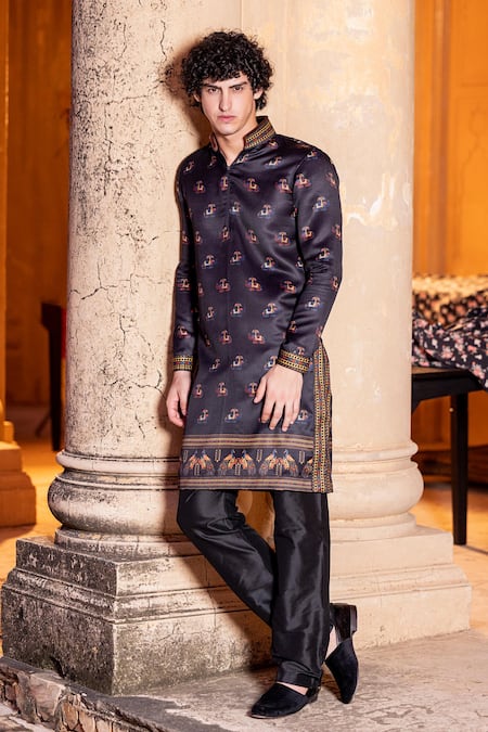Amit Arora_Black Jacquard, Cotton Embroidery Elephant Print Kurta With Aligadi Pant _Online_at_Aza_Fashions
