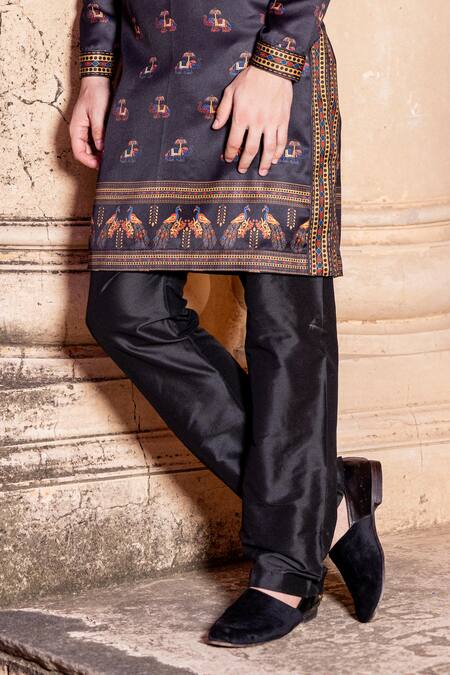 Buy_Amit Arora_Black Jacquard, Cotton Embroidery Elephant Print Kurta With Aligadi Pant _Online_at_Aza_Fashions