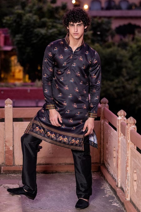 Shop_Amit Arora_Black Jacquard, Cotton Embroidery Elephant Print Kurta With Aligadi Pant _Online_at_Aza_Fashions