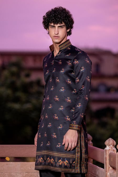 Amit Arora_Black Jacquard, Cotton Embroidery Elephant Print Kurta With Aligadi Pant _at_Aza_Fashions