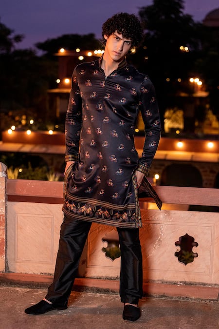 Buy_Amit Arora_Black Jacquard, Cotton Embroidery Elephant Print Kurta With Aligadi Pant 