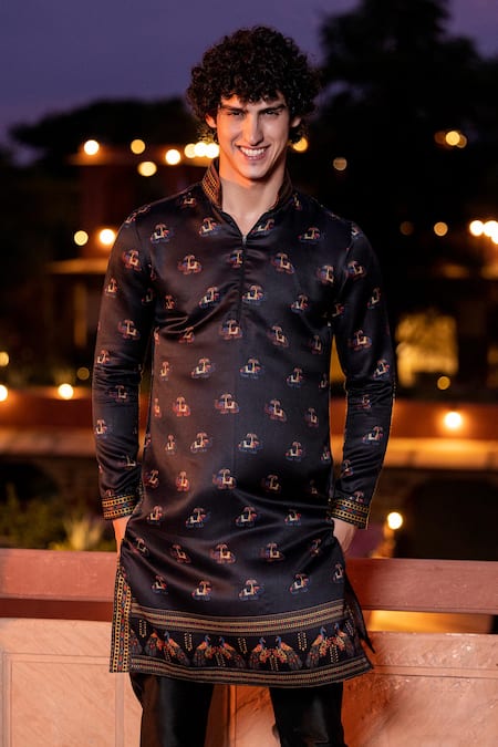 Shop_Amit Arora_Black Jacquard, Cotton Embroidery Elephant Print Kurta With Aligadi Pant 