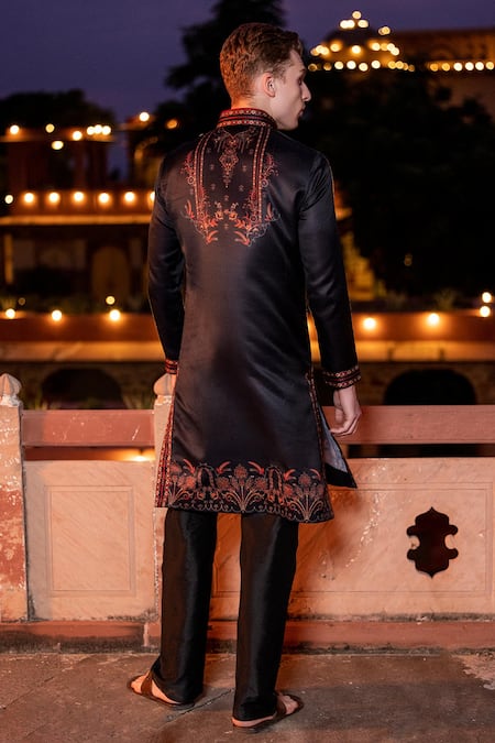 Shop Amit Arora Black Jacquard, Cotton, Silk Abstract Floral Print Kurta With Aligadi Pant at Aza Fashions Shop_Amit Arora_Black Jacquard, Cotton, Silk Abstract Floral Print Kurta With Aligadi Pant _at_Aza_Fashions