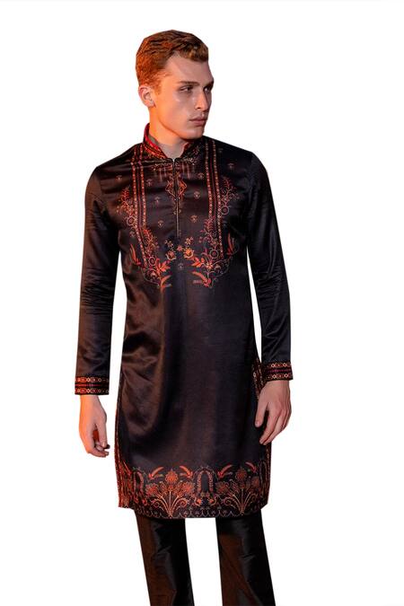 Buy Amit Arora Black Jacquard, Cotton, Silk Abstract Floral Print Kurta With Aligadi Pant Online at Aza Fashions Buy_Amit Arora_Black Jacquard, Cotton, Silk Abstract Floral Print Kurta With Aligadi Pant _Online_at_Aza_Fashions