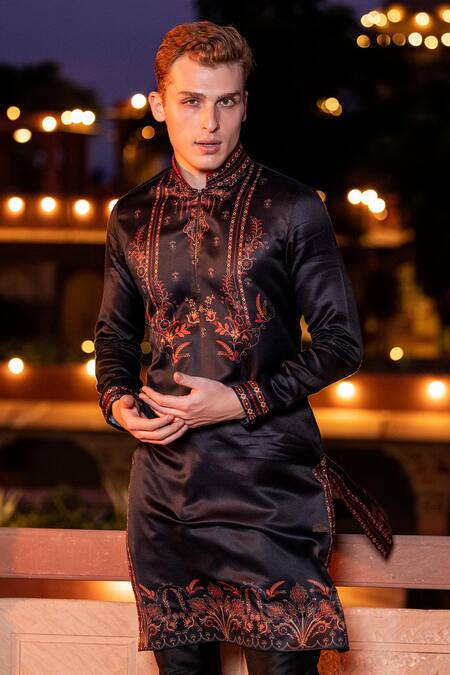 Shop Amit Arora Black Jacquard, Cotton, Silk Abstract Floral Print Kurta With Aligadi Pant Online at Aza Fashions Shop_Amit Arora_Black Jacquard, Cotton, Silk Abstract Floral Print Kurta With Aligadi Pant _Online_at_Aza_Fashions