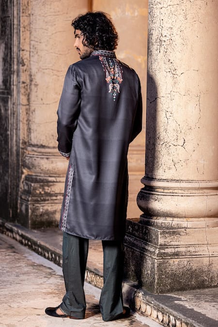 Shop Amit Arora Black Jacquard, Cotton Abstract Flora Print Kurta With Aligadi Pant at Aza Fashions Shop_Amit Arora_Black Jacquard, Cotton Abstract Flora Print Kurta With Aligadi Pant _at_Aza_Fashions