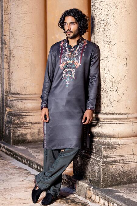 Amit Arora Black Jacquard, Cotton Abstract Flora Print Kurta With Aligadi Pant Online at Aza Fashions Amit Arora_Black Jacquard, Cotton Abstract Flora Print Kurta With Aligadi Pant _Online_at_Aza_Fashions