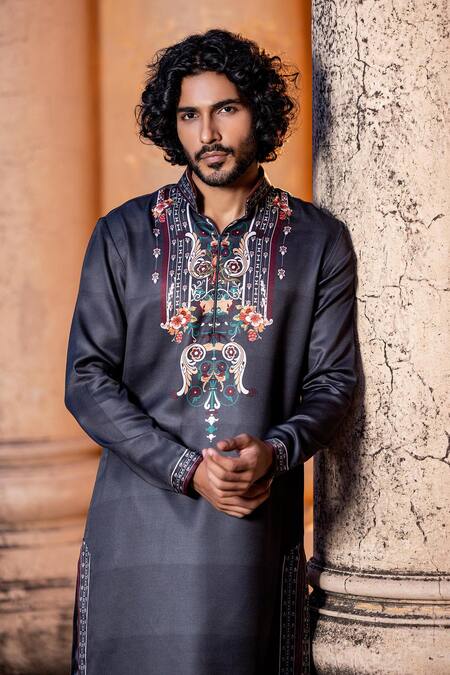 Shop Amit Arora Black Jacquard, Cotton Abstract Flora Print Kurta With Aligadi Pant Online at Aza Fashions Shop_Amit Arora_Black Jacquard, Cotton Abstract Flora Print Kurta With Aligadi Pant _Online_at_Aza_Fashions