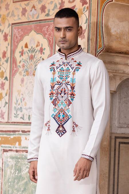 Shop Amit Arora Cream Jacquard, Cotton Geometric Print Kurta With Aligadi Pant Online at Aza Fashions Shop_Amit Arora_Cream Jacquard, Cotton Geometric Print Kurta With Aligadi Pant _Online_at_Aza_Fashions