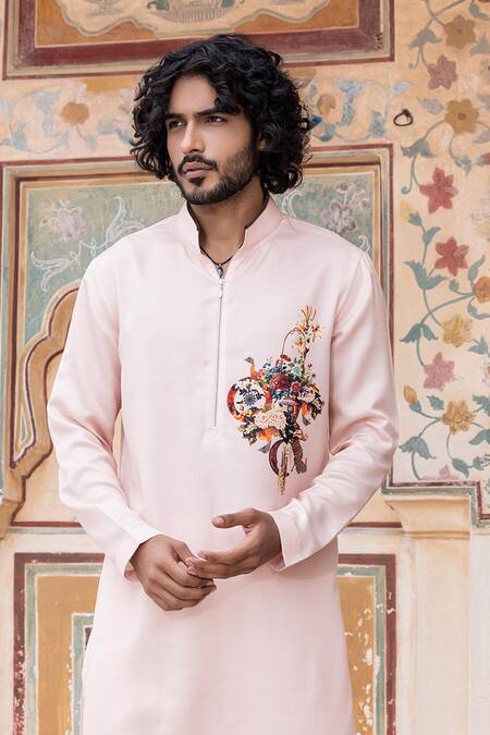 Shop Amit Arora Peach Jacquard, Cotton Embroidery Floral Bouquet Print Kurta With Aligadi Pant at Aza Fashions Shop_Amit Arora_Peach Jacquard, Cotton Embroidery Floral Bouquet Print Kurta With Aligadi Pant _at_Aza_Fashions