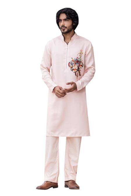 Amit Arora Peach Jacquard, Cotton Embroidery Floral Bouquet Print Kurta With Aligadi Pant Online at Aza Fashions Amit Arora_Peach Jacquard, Cotton Embroidery Floral Bouquet Print Kurta With Aligadi Pant _Online_at_Aza_Fashions