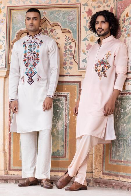 Shop Amit Arora Peach Jacquard, Cotton Embroidery Floral Bouquet Print Kurta With Aligadi Pant Online at Aza Fashions Shop_Amit Arora_Peach Jacquard, Cotton Embroidery Floral Bouquet Print Kurta With Aligadi Pant _Online_at_Aza_Fashions