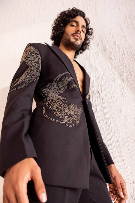 Shop Amit Arora Black Polyester Beads Abstract Embroidered Coat With Pant Shop_Amit Arora_Black Polyester Beads Abstract Embroidered Coat With Pant
